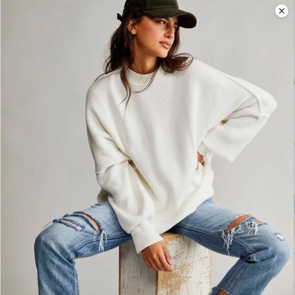Free People Painted White Easy Street Tunic Oversized Ribbed Sweater Size XS - Picture 1 of 16